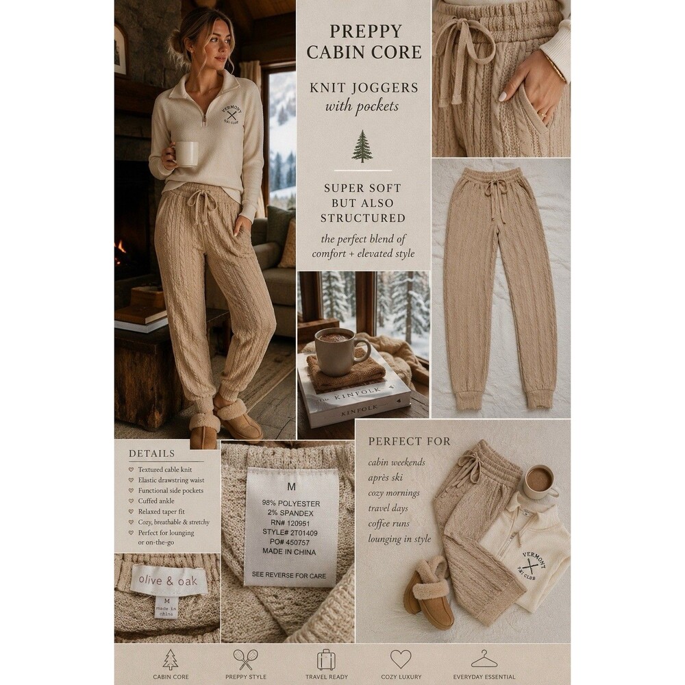 EUC Olive & Oak Cable Knit Joggers Preppy Cabin Core Coffee Run Lounge Pants M